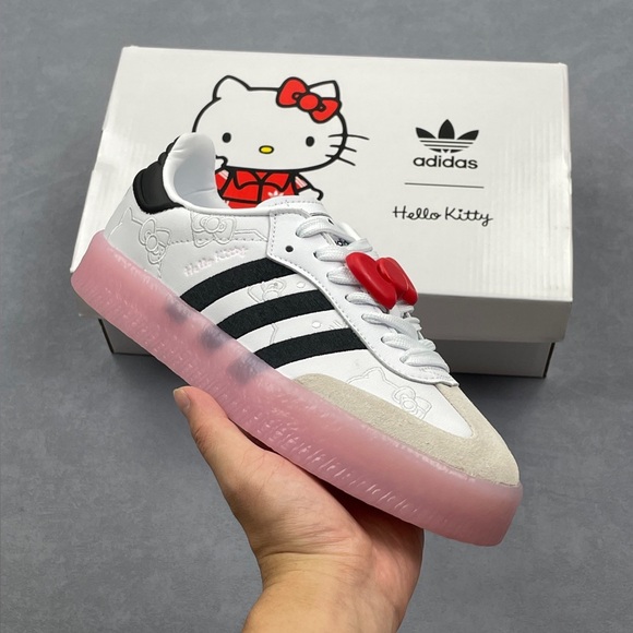 Adidas White and Pink Sneakers with Black Stripes - Picture 1 of 8